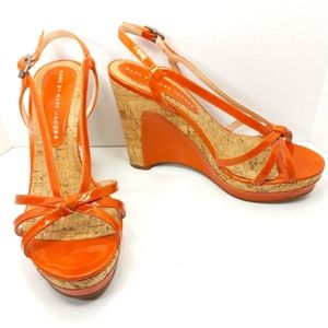 MARC JACOBS Orange Patent Leather & Cork Illusion Heel Platform Sandals EUC